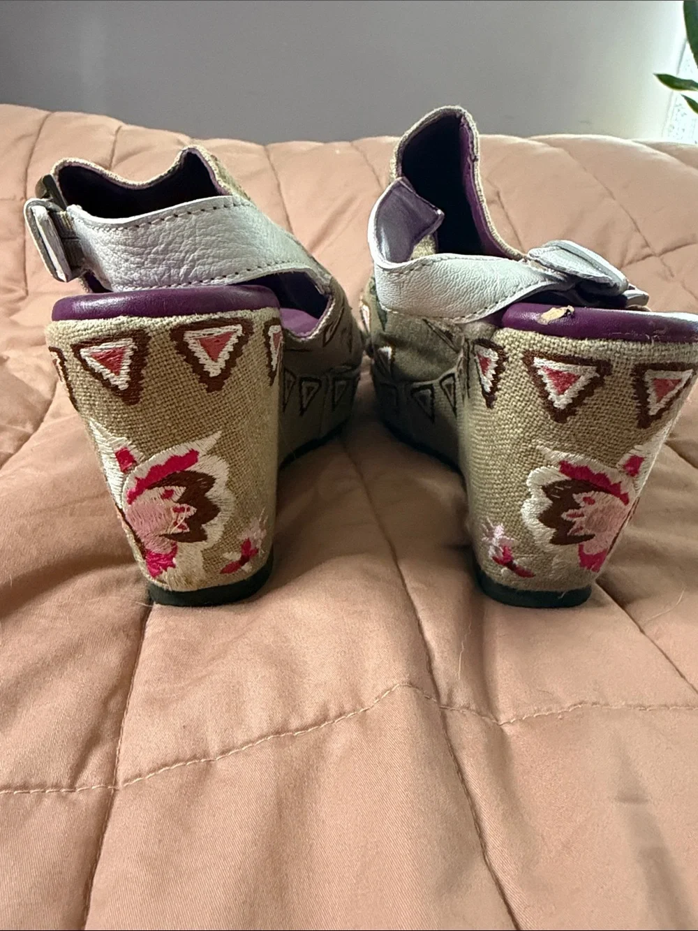 Sharif Beige Embroidered Floral Wedge Sandals with Pink and Purple Details